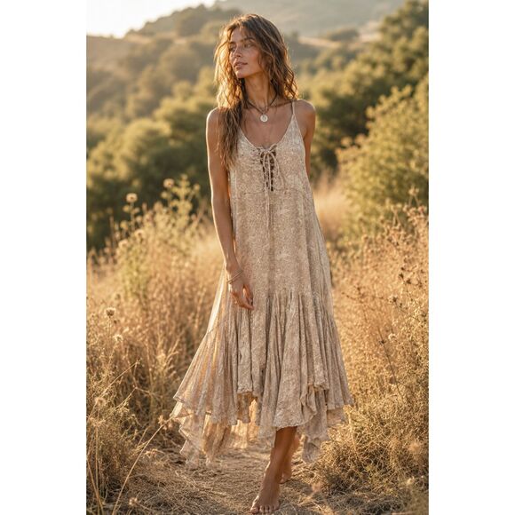Jen's Pirate Booty Dresses & Skirts - Jen's Pirate Midi Dress Booty Lace Up Boho Prairie Floral Beige Hippie Women S